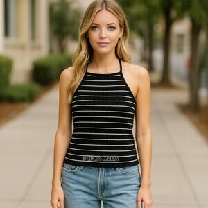 American Eagle Striped Halter Tank Top Black White Ribbed 90s Y2K Size S